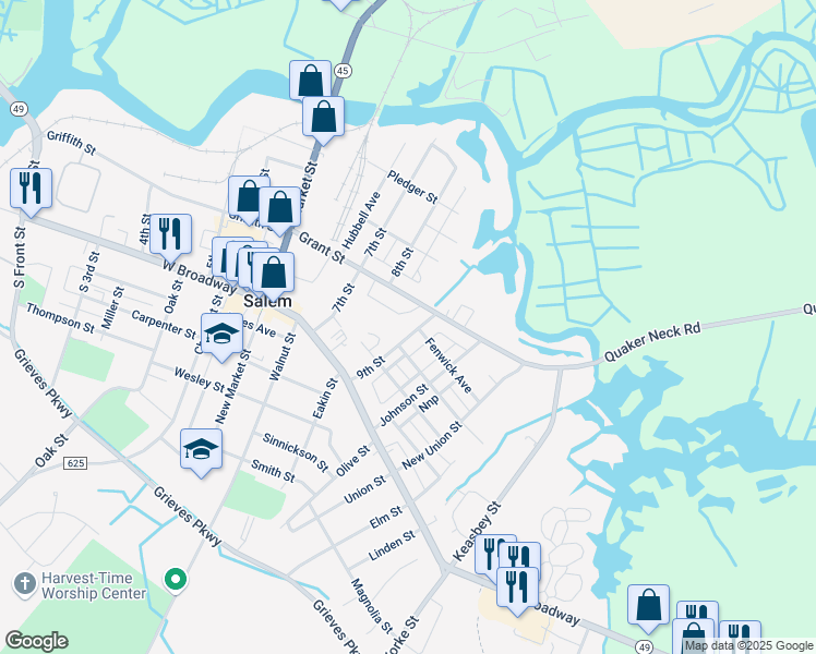 map of restaurants, bars, coffee shops, grocery stores, and more near 155 Grant Street in Salem