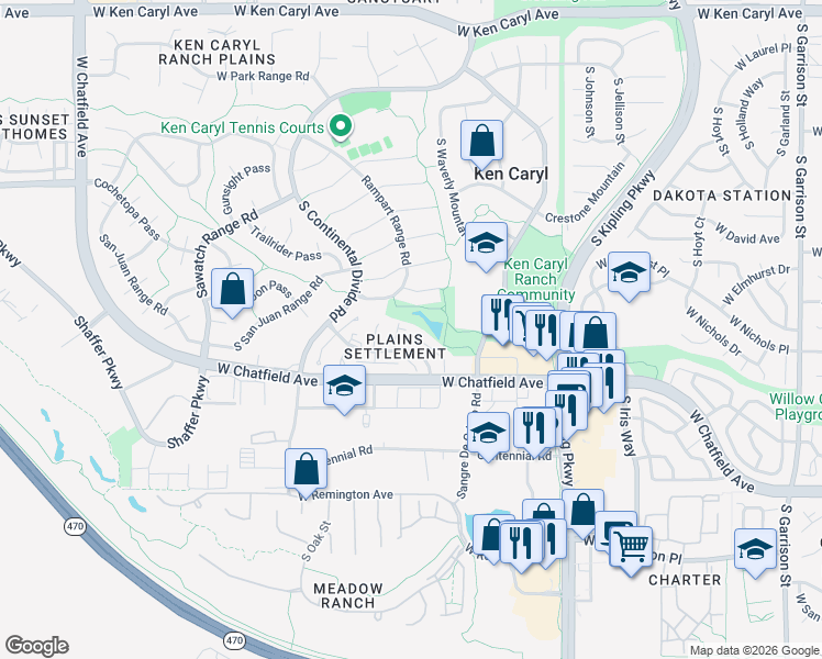 map of restaurants, bars, coffee shops, grocery stores, and more near 10429 West Red Mountain Road in Littleton