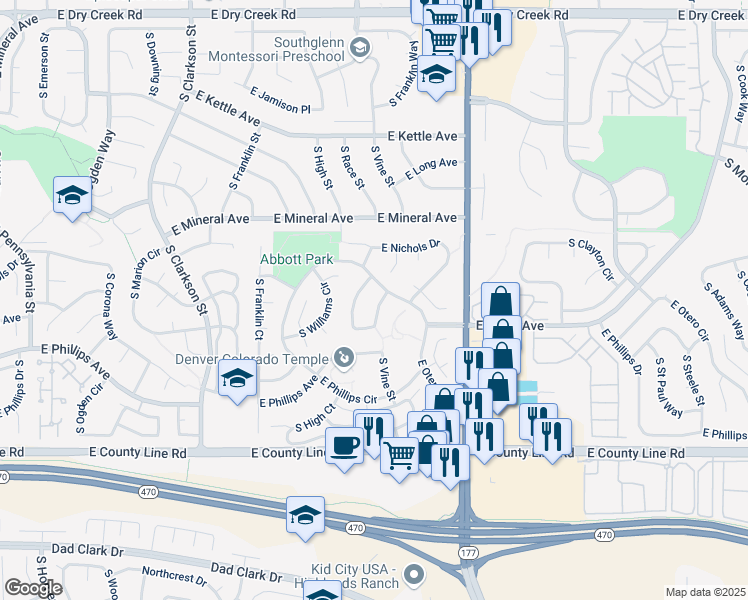 map of restaurants, bars, coffee shops, grocery stores, and more near 2151 East Otero Circle in Centennial