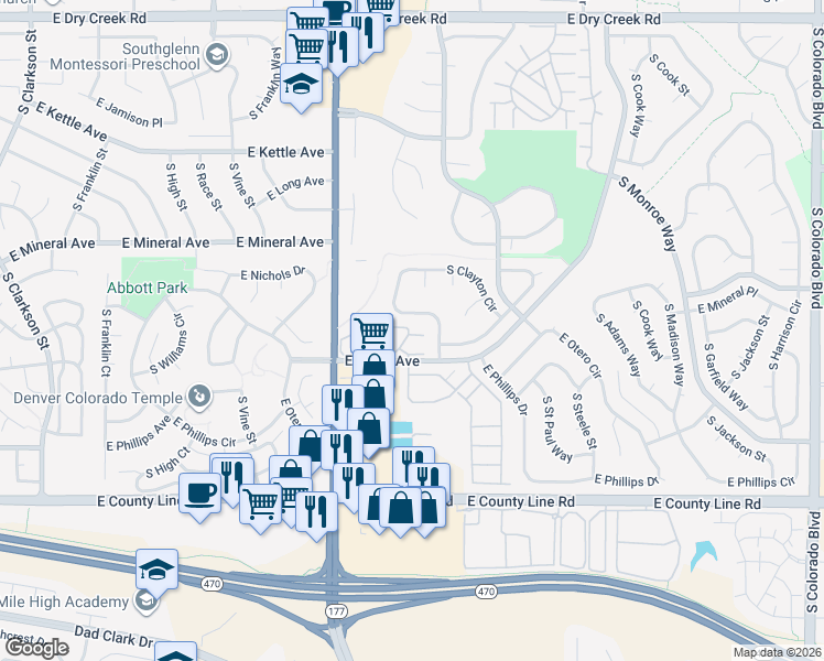map of restaurants, bars, coffee shops, grocery stores, and more near 8035 South Clayton Circle in Centennial