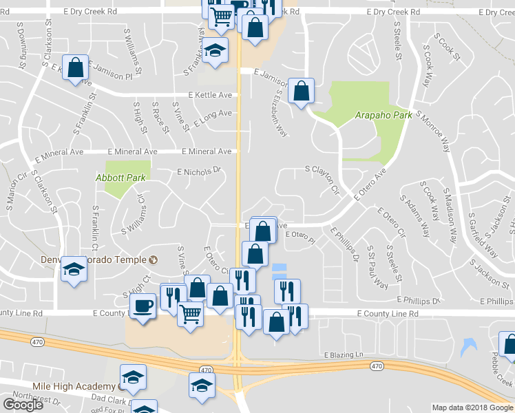 map of restaurants, bars, coffee shops, grocery stores, and more near 2546 East Nichols Circle in Centennial