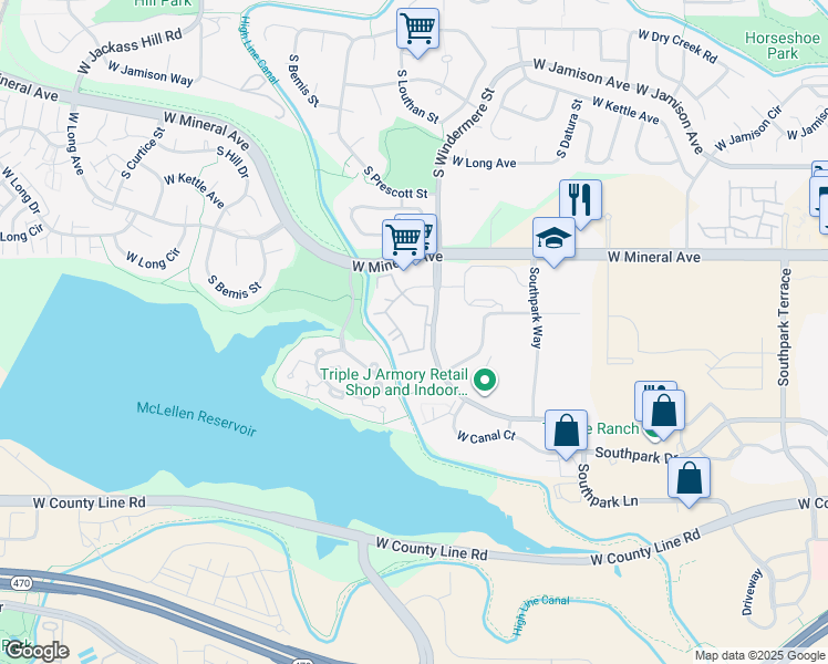 map of restaurants, bars, coffee shops, grocery stores, and more near 1652 West Canal Circle in Littleton