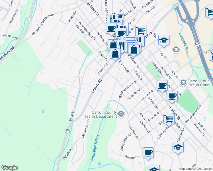 map of restaurants, bars, coffee shops, grocery stores, and more near 7 West George Street in Westminster