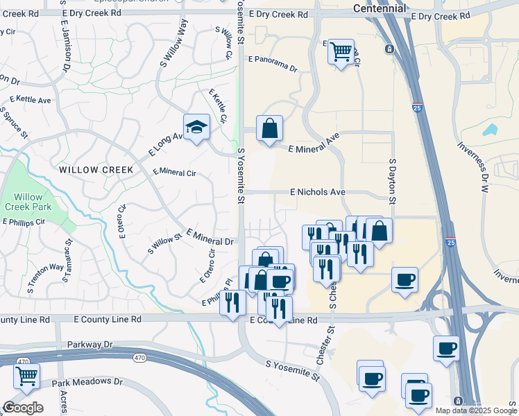 map of restaurants, bars, coffee shops, grocery stores, and more near 9000 East Nichols Avenue in Centennial