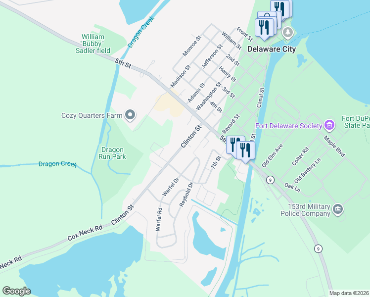 map of restaurants, bars, coffee shops, grocery stores, and more near 520 Clinton Street in Delaware City