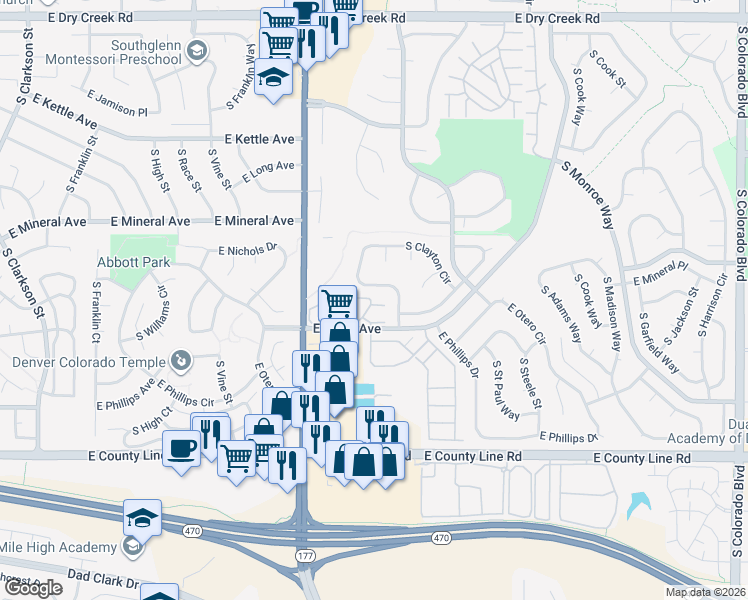 map of restaurants, bars, coffee shops, grocery stores, and more near 8035 South Clayton Circle in Centennial