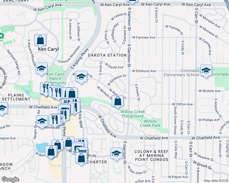 map of restaurants, bars, coffee shops, grocery stores, and more near 9377 West Nichols Place in Littleton