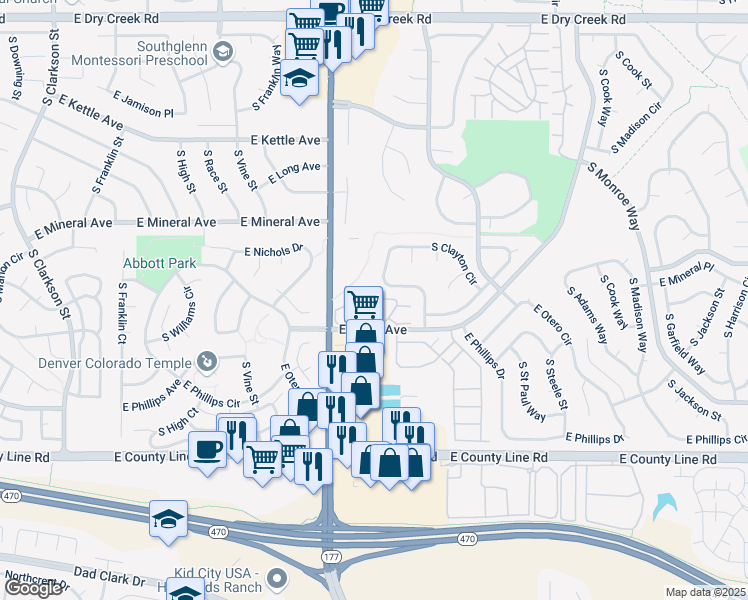 map of restaurants, bars, coffee shops, grocery stores, and more near 8021 South Columbine Court in Centennial