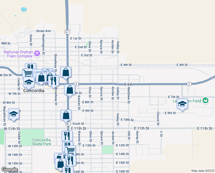 map of restaurants, bars, coffee shops, grocery stores, and more near 500-598 East 6th Street in Concordia