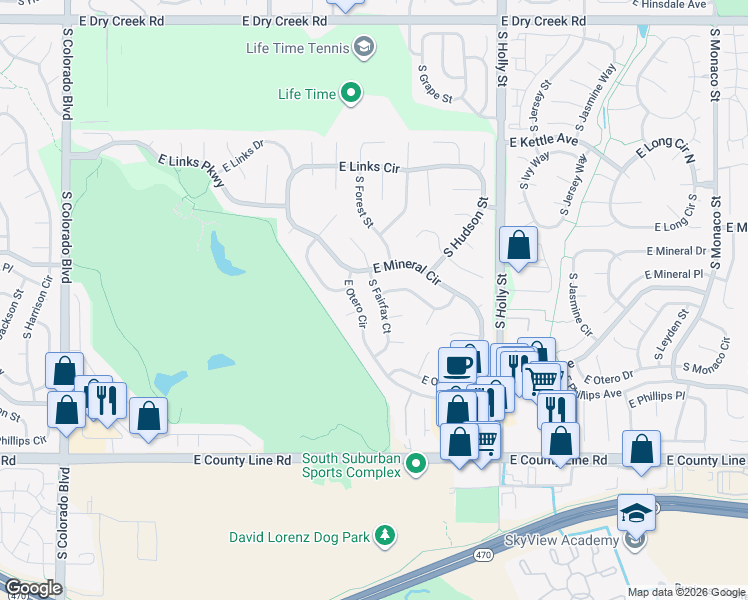 map of restaurants, bars, coffee shops, grocery stores, and more near 5146 East Nichols Drive in Centennial