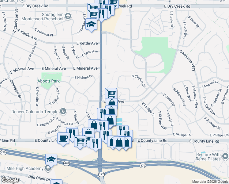 map of restaurants, bars, coffee shops, grocery stores, and more near 8035 South Clayton Circle in Centennial