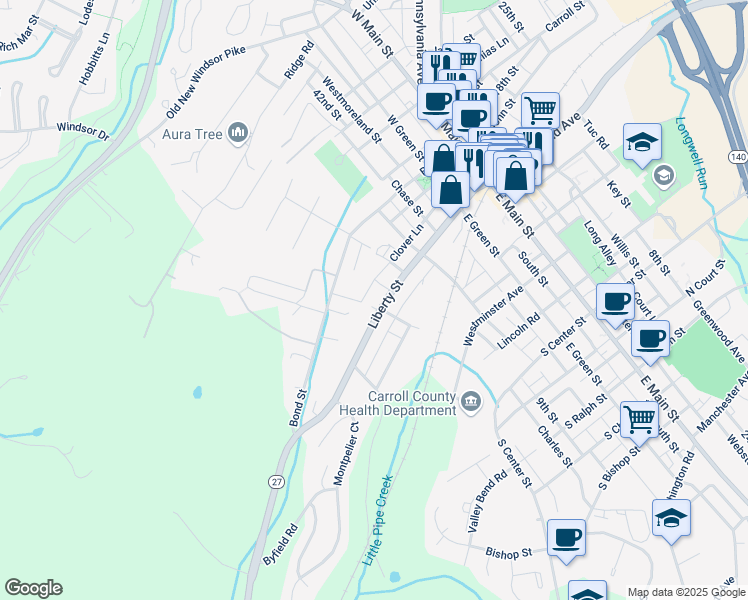 map of restaurants, bars, coffee shops, grocery stores, and more near 116 Liberty Street in Westminster