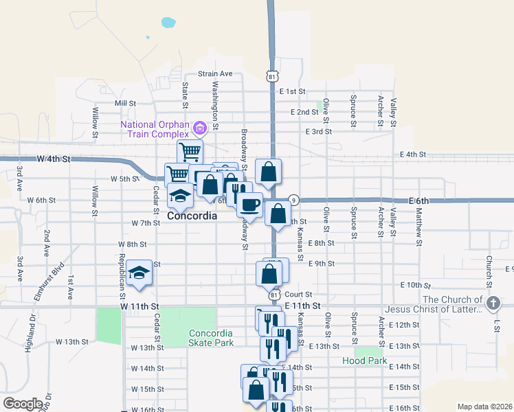 map of restaurants, bars, coffee shops, grocery stores, and more near 103 West 6th Street in Concordia