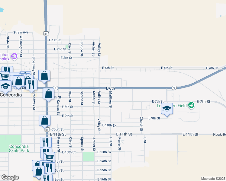 map of restaurants, bars, coffee shops, grocery stores, and more near 700-798 East 6th Street in Concordia