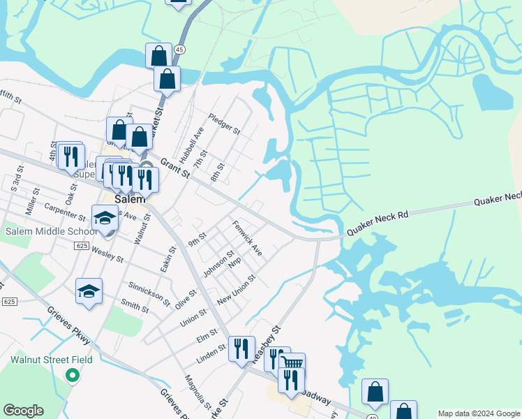 map of restaurants, bars, coffee shops, grocery stores, and more near 348 Grant Street in Salem