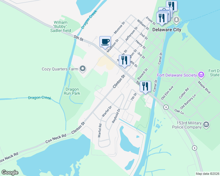 map of restaurants, bars, coffee shops, grocery stores, and more near 520 Clinton Street in Delaware City
