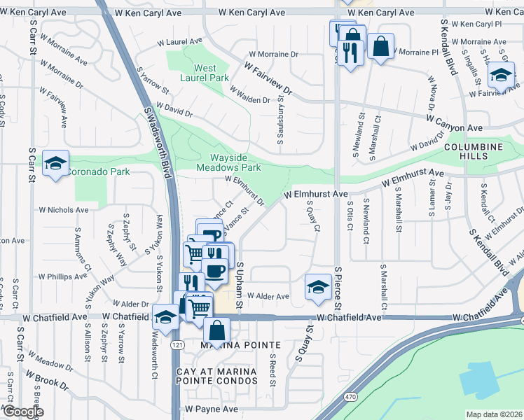 map of restaurants, bars, coffee shops, grocery stores, and more near 7931 South Upham Street in Littleton