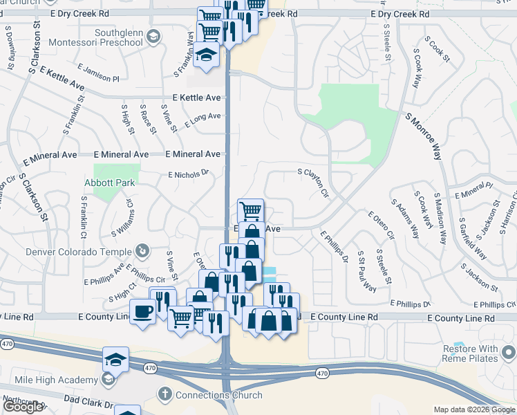 map of restaurants, bars, coffee shops, grocery stores, and more near 8035 South Clayton Circle in Centennial