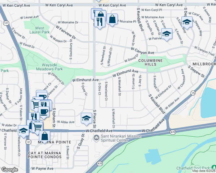 map of restaurants, bars, coffee shops, grocery stores, and more near 7981 South Marshall Court in Littleton