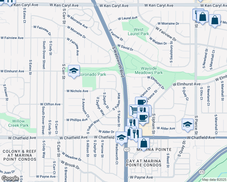 map of restaurants, bars, coffee shops, grocery stores, and more near 8006 South Yukon Way in Littleton