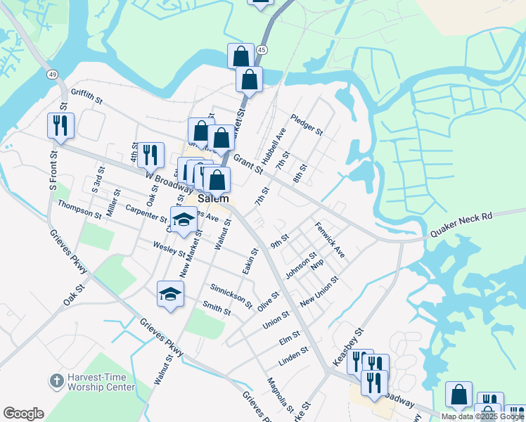 map of restaurants, bars, coffee shops, grocery stores, and more near 127-1/2 Grant Street in Salem