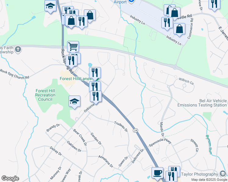 map of restaurants, bars, coffee shops, grocery stores, and more near 1 Colgate Drive in Forest Hill