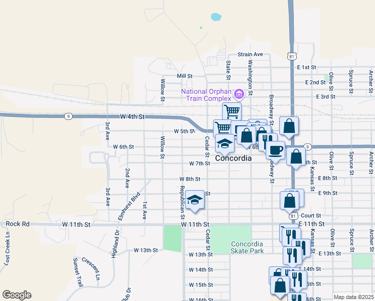 map of restaurants, bars, coffee shops, grocery stores, and more near 440 West 6th Street in Concordia