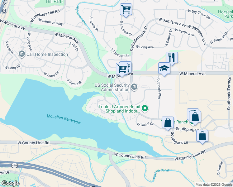 map of restaurants, bars, coffee shops, grocery stores, and more near 1651 West Canal Circle in Littleton