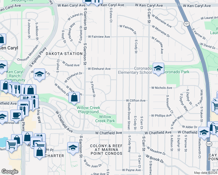 map of restaurants, bars, coffee shops, grocery stores, and more near 8858 W Nichols Ave in Littleton