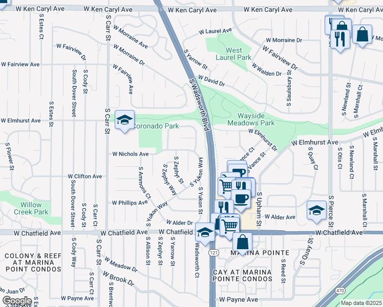 map of restaurants, bars, coffee shops, grocery stores, and more near 8006 South Yukon Way in Littleton