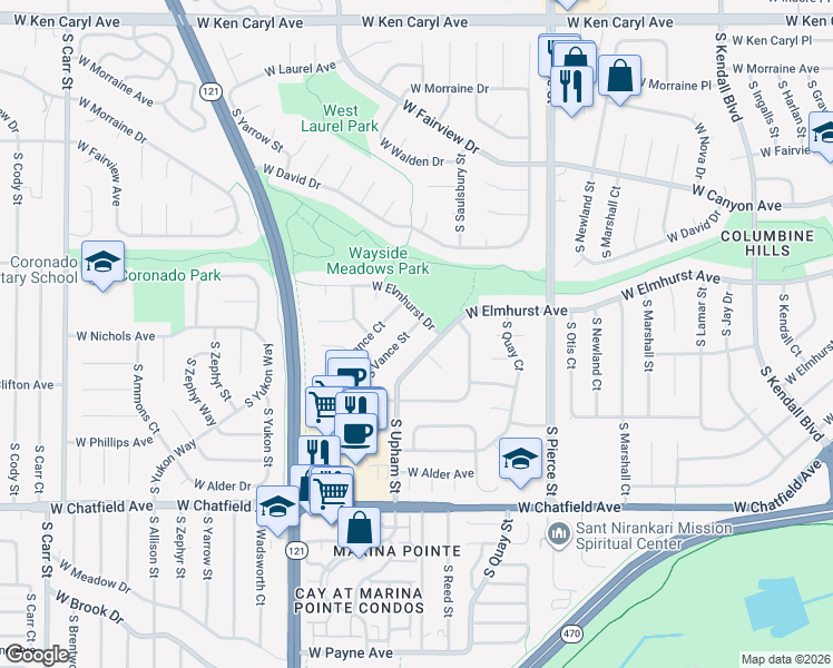 map of restaurants, bars, coffee shops, grocery stores, and more near 7942 South Vance Street in Littleton
