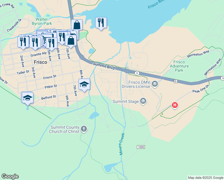 map of restaurants, bars, coffee shops, grocery stores, and more near 35 Chickadee Lane in Frisco