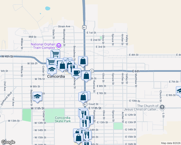 map of restaurants, bars, coffee shops, grocery stores, and more near 230-298 East 6th Street in Concordia