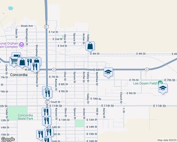 map of restaurants, bars, coffee shops, grocery stores, and more near 700 East 6th in Concordia