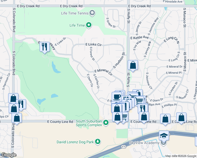map of restaurants, bars, coffee shops, grocery stores, and more near 5146 East Nichols Drive in Centennial