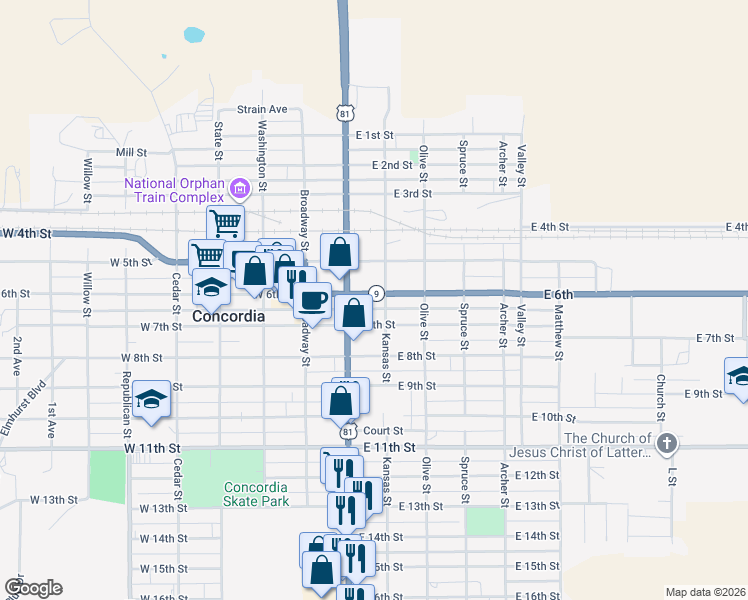 map of restaurants, bars, coffee shops, grocery stores, and more near 230 East 6th in Concordia