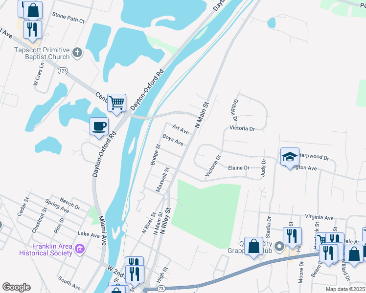 map of restaurants, bars, coffee shops, grocery stores, and more near 100 Boys Avenue in Franklin