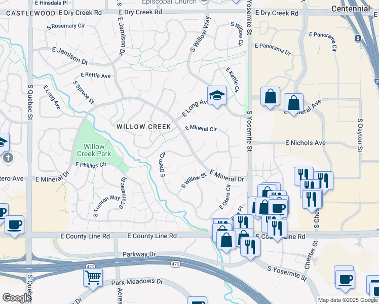 map of restaurants, bars, coffee shops, grocery stores, and more near 7997 South Wabash Court in Centennial