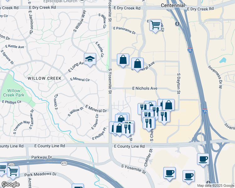 map of restaurants, bars, coffee shops, grocery stores, and more near 9000 East Nichols Avenue in Centennial