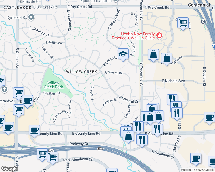 map of restaurants, bars, coffee shops, grocery stores, and more near 7997 South Wabash Court in Centennial