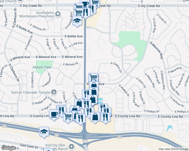 map of restaurants, bars, coffee shops, grocery stores, and more near 2557 East Nichols Circle in Centennial