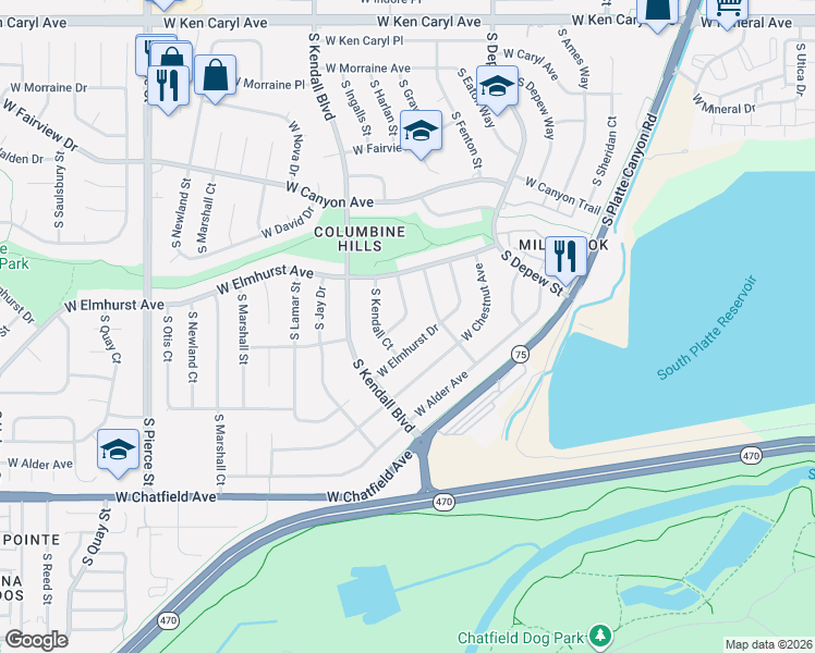 map of restaurants, bars, coffee shops, grocery stores, and more near 7987 Chestnut Drive in Littleton