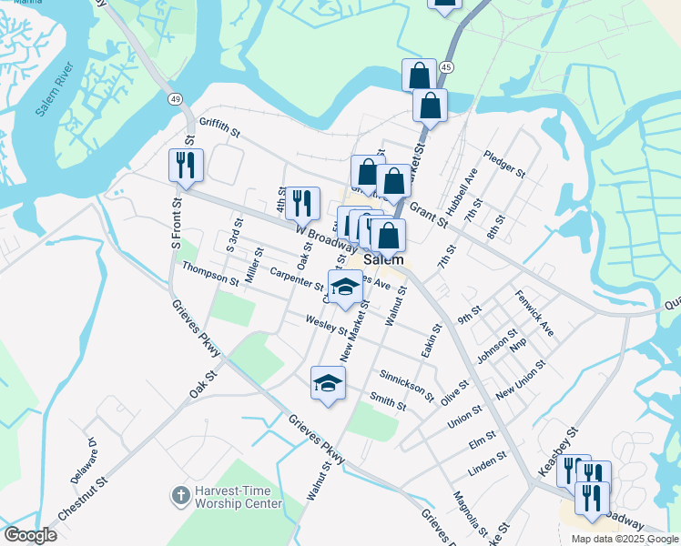 map of restaurants, bars, coffee shops, grocery stores, and more near 9 Chestnut Street in Salem