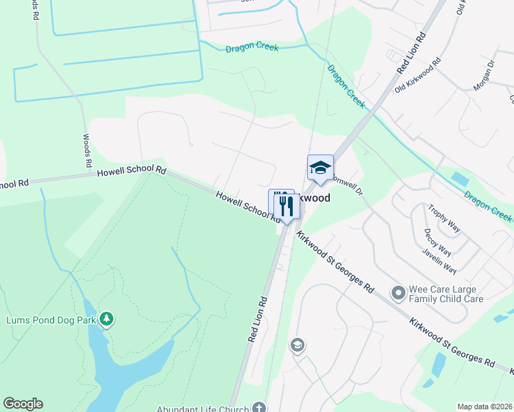 map of restaurants, bars, coffee shops, grocery stores, and more near 321 Howell School Road in Bear