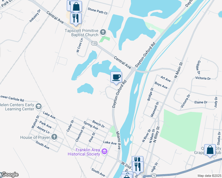 map of restaurants, bars, coffee shops, grocery stores, and more near 749 Dayton-Oxford Road in Carlisle