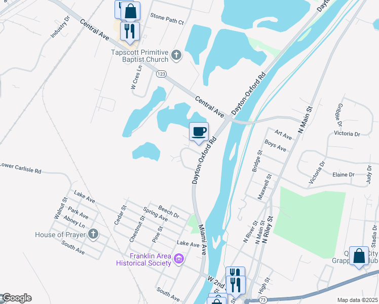 map of restaurants, bars, coffee shops, grocery stores, and more near 749 Dayton-Oxford Road in Carlisle