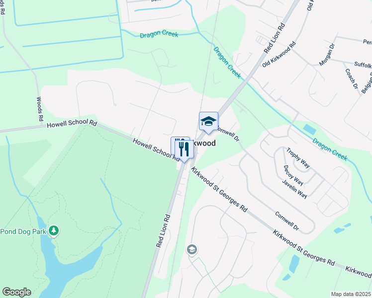 map of restaurants, bars, coffee shops, grocery stores, and more near 2425 Red Lion Road in Bear