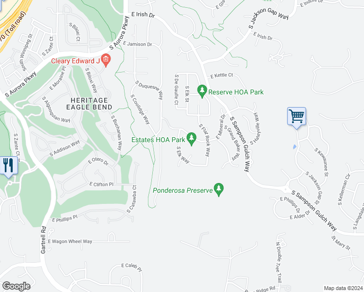 map of restaurants, bars, coffee shops, grocery stores, and more near 7988 South Elk Way in Aurora