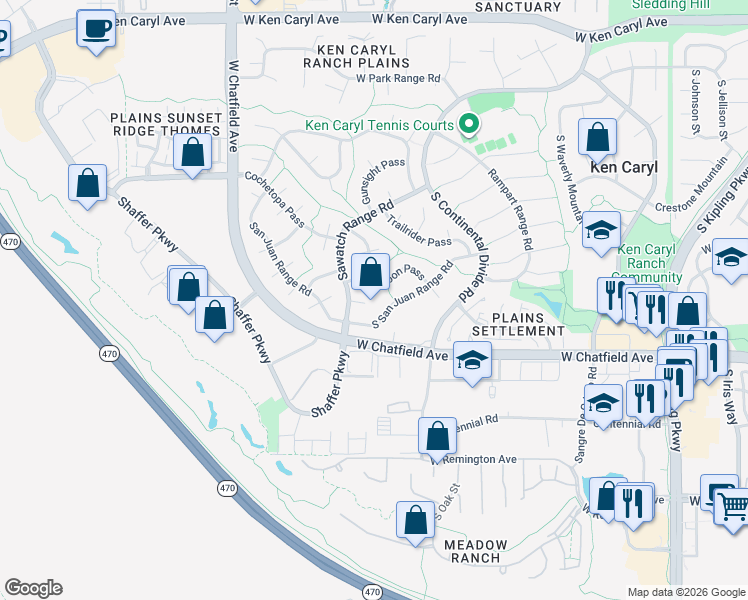 map of restaurants, bars, coffee shops, grocery stores, and more near 11059 West Pyramid Peak in Littleton
