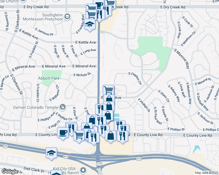 map of restaurants, bars, coffee shops, grocery stores, and more near 2557 East Nichols Circle in Centennial